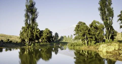Serene lake surrounded by lush trees at sunset in a tranquil landscape Stock Illustration