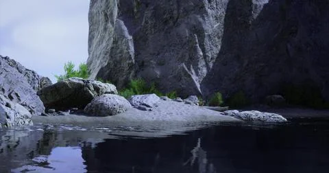 Serene lake surrounded by rocky cliffs and lush greenery in daylight Stock Illustration