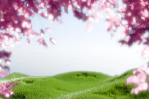 A serene landscape featuring blooming cherry blossoms and rolling green hill Illustrazione stock
