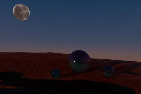 A serene landscape featuring three reflective spheres under a moonlit sky Illustrazione stock