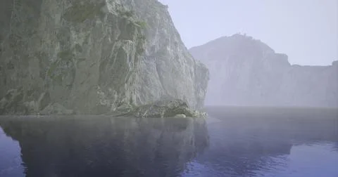 Serene landscape of rocky cliffs reflecting in tranquil water at dusk 스톡 일러스트
