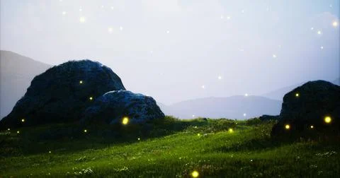 Serene landscape at twilight with glowing elements on grassy hill 库存插图