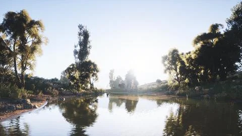 Serene landscape with water reflection and lush greenery at sunrise Stock Illustration