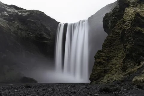 Serene Long Exposure of Skogafoss Waterfall in South Iceland Stock Photos