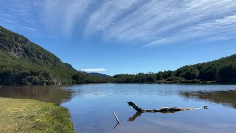 Serene mountain lake with clear reflections and blue sky Stock Footage 310610233