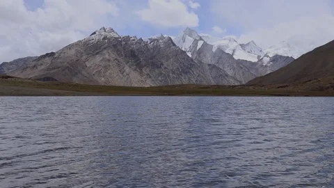 Serene mountain lake with a glacier in background Видео 121952257