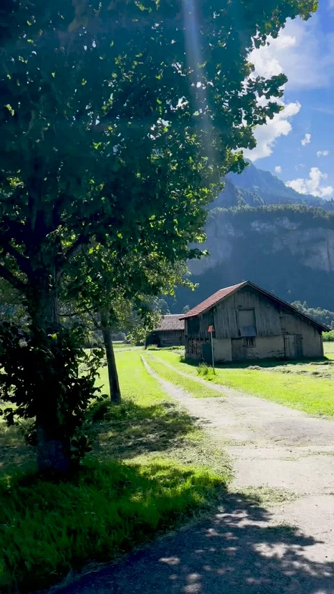 A serene mountain landscape with green fields and soft clouds, highlighting Stock Footage 304782281