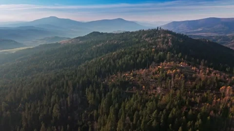 Serene mountain landscape with vast forest and distant peaks, Beskidy, Poland Stock Footage 293027443