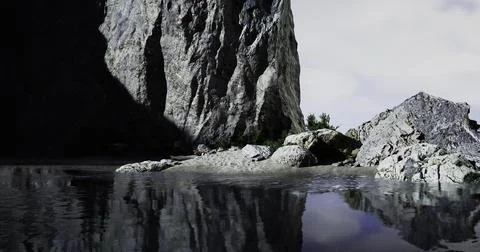 Serene mountain reflection at tranquil lake on a cloudy day Stock Illustration