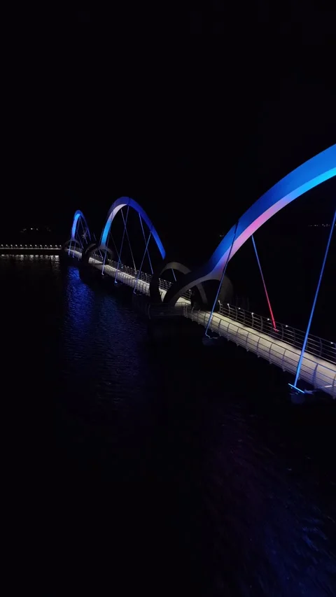 Serene Night Scene of Sölvesborg Bridge on Calm Water. Stock Footage 319351211