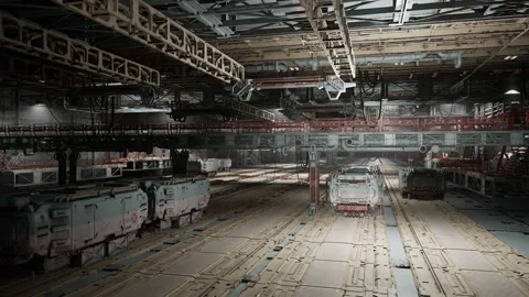 Serene nighttime train platform displaying inactive cars and gentle glow Stock Footage 334327674