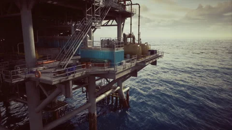 Serene ocean view featuring offshore rig at sunset with textured steel elements Stock Footage 335596160