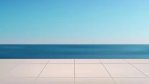 Serene ocean view with light tiled patio under clear blue sky calm seascape.. Stock Illustration