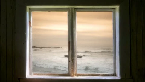 Serene Ocean View Window Frame Rustic House Zoom Out Stock Footage 294549437