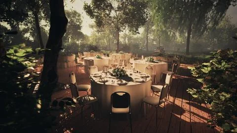Serene outdoor dining spot on a tree-lined street Stock Illustration