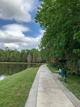 Serene Park Path by the Lake Stock Photos