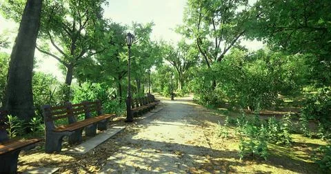 Serene park pathway lined with benches and lush greenery in bright sunlight Stock Illustration