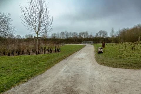 Serene Park Pathway Under Cloudy Sky Stock Photos