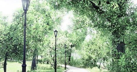 Serene pathway lined with trees and lamps in a lush green park Stock Illustration