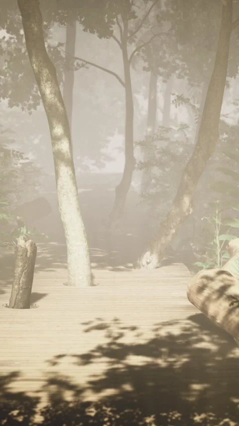 Serene pathway through a misty forest leading to tranquil waters Vídeos de archivo 318159461
