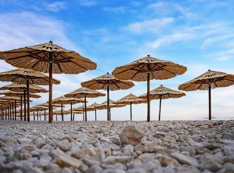 A serene pebble beach lined with rustic straw parasols under a blue sky Stock Photos