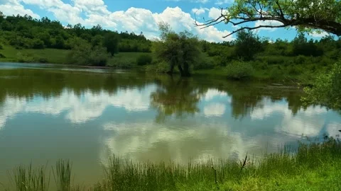 Serene pond reflects sky and clouds. Vrmdza Lake, Serbia Stock Footage 338024796