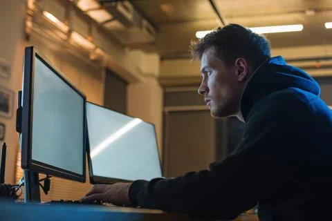 Serene programmer working with computer Stock-Fotos
