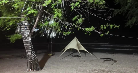 Serene rainy beach with lit pine, star tent, and tables by dark ocean. Stock Footage 341375611