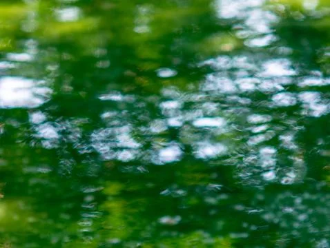 Serene Reflection of Green Trees and White Clouds on Calm Water Surface in .. Stock Photos