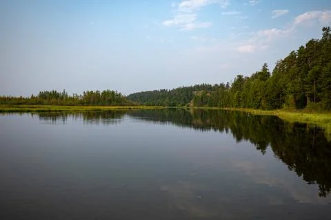 The Serene Reflection of Trees Majestically Mirrored in Calm, Still Water Stock Photos