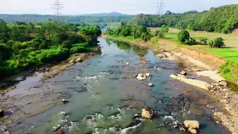 Serene River Flowing Through Lush Green Valley Landscape Stock-Footage 302303542