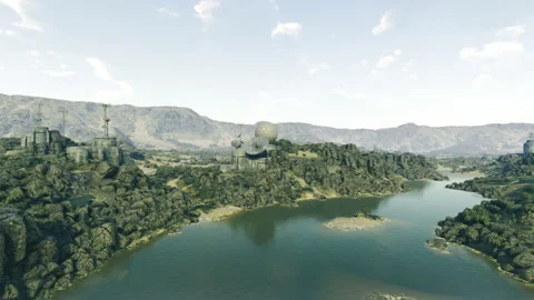 A serene river flows gently through a rugged landscape of rocky hills 库存影片 333554721