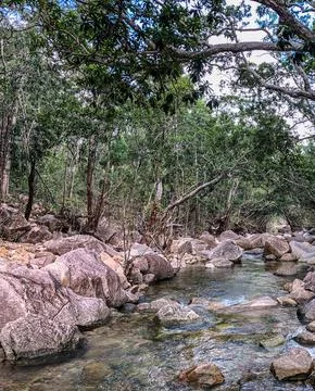 A serene river flows gently through a picturesque, rocky wilderness landsca.. 스톡 사진