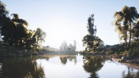 Serene river landscape reflecting trees under a clear sky at dawn Stock Illustration