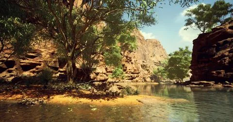 Serene riverside landscape with rocky cliffs and lush vegetation at midday Stock Illustration