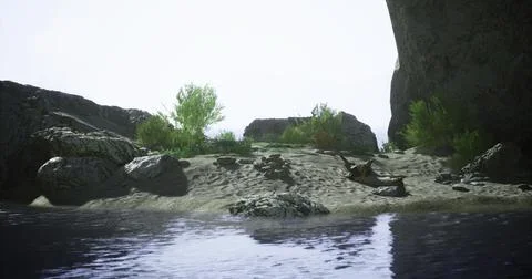 Serene riverside landscape with soft light filtering through rocks and trees Stock Illustration