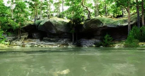 Serene riverside view surrounded by lush green trees and rocky cliffs Stock Illustration