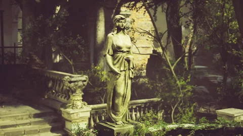 Serene scene featuring cracked marble and overgrown plant life Stock Footage 340341131
