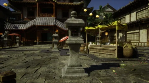 Serene scene with weathered lanterns and fallen leaves mystyle Stock Footage 341823371