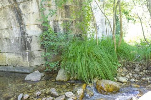 A serene stream flows beneath the Puente del Perdn, surrounded by lush gree.. Stock Photos