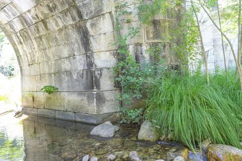 A serene stream flows beneath the Puente del Perdn, surrounded by lush gree.. Stock Photos