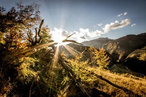 Serene Sunrays Over the Mountain Stock Photos