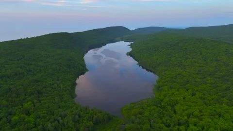 Serene Sunset Over the Lake of the Clouds in the Porcupine Mountains Stock Footage 282071296