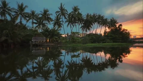 Serene Sunset Reflection of Palm Trees Over Calm River in Thailand Stock Footage 348496664