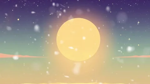 **Serene Sunset SnowScape: a Large Glowing Sun Over an Ocean, As Snow Softly Fa Stock Footage 307004825