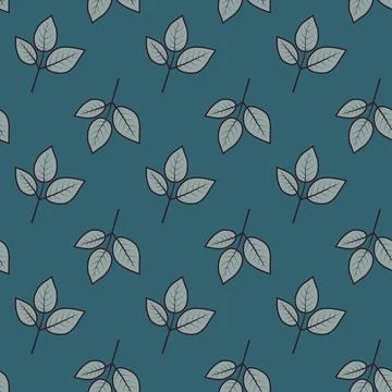 Serene teal background adorned with a repeating pattern of stylized leaves.   Illustrazione stock