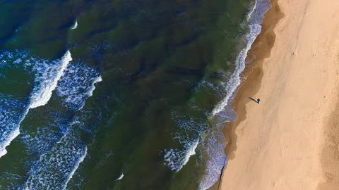Serene top-down drone view of Baltic waves touching the sandy coastline. Stock Photos