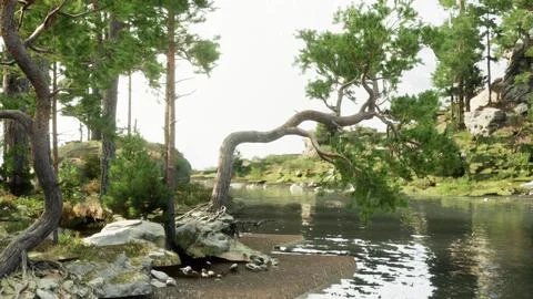 A serene tree by the water's edge Stock Illustration