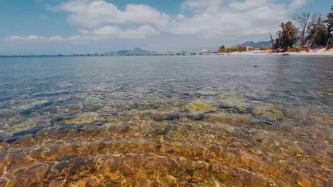 Serene Tropical Beach Clear Shallow Water and Ancient Coral Reef Stock Footage 337582820