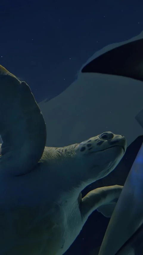 Serene turtles ascending toward surface in deep blue water, group glides upward Vidéo 344740927